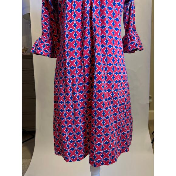 Tracy Negoshian | Red/Blue Geometric Bell Sleeve Cotton Dress | Large - Picture 7 of 16